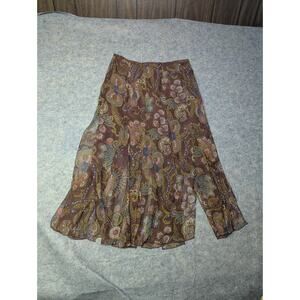 Vintage David Meister Silk Brown Midi Skirt Size 2 Western Floral Festival
